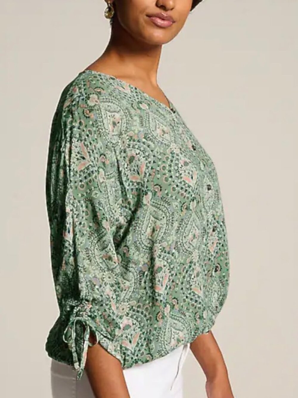J. Jill Crinkled Button-Front Top | Floral Paisley | Size Medium | Sage Green |